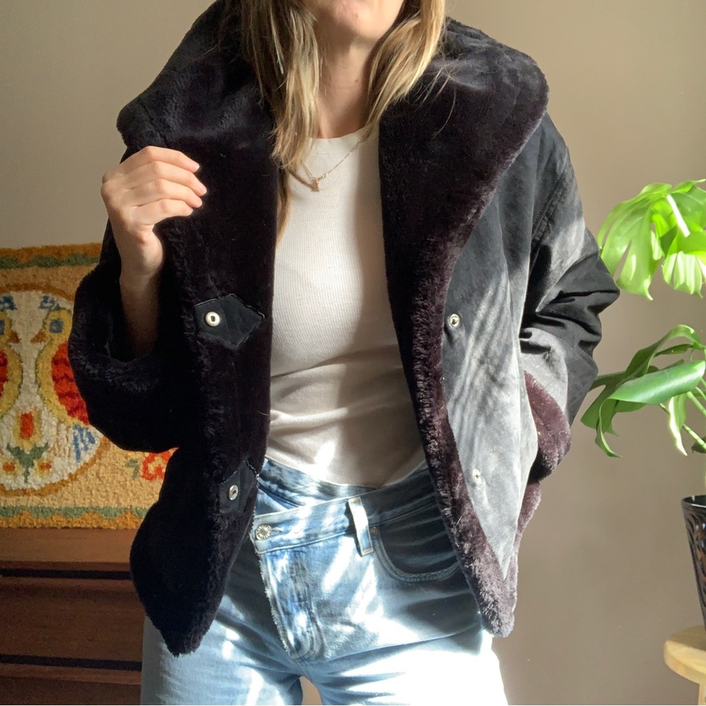 Vintage Black Leather Faux Shearling Cropped Jacket Size Large